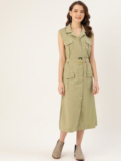 

ANVI Be Yourself Women Olive Green Solid Shirt Dress