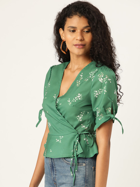 

ANVI Be Yourself Women Green & Grey Floral Print Wrap Top