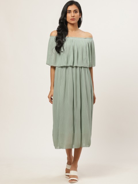 

ANVI Be Yourself Women Green Solid Off-Shoulder Accordion Pleated A-Line Dress