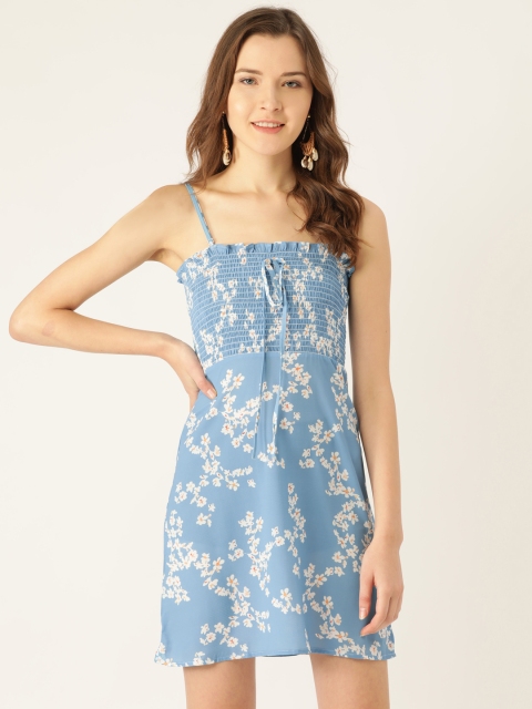 

ANVI Be Yourself Women Blue & White Floral Print Smocked A-Line Dress