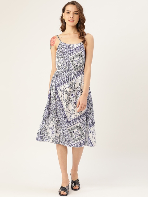 

ANVI Be Yourself Women White & Navy Accordion Pleats Printed A-Line Dress