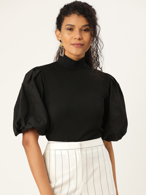 

ANVI Be Yourself Women Black Puffed Sleeves RibbedTop