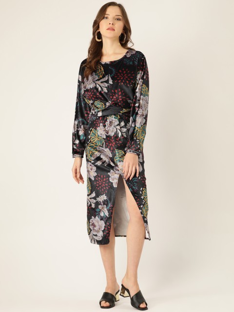 

ANVI Be Yourself Women Black & Grey Velvet Finish Printed A-Line Dress, Charcoal