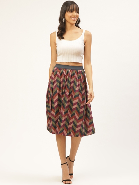 

ANVI Be Yourself Women Olive Green & Pink Printed Accordion Pleat A-Line Skirt