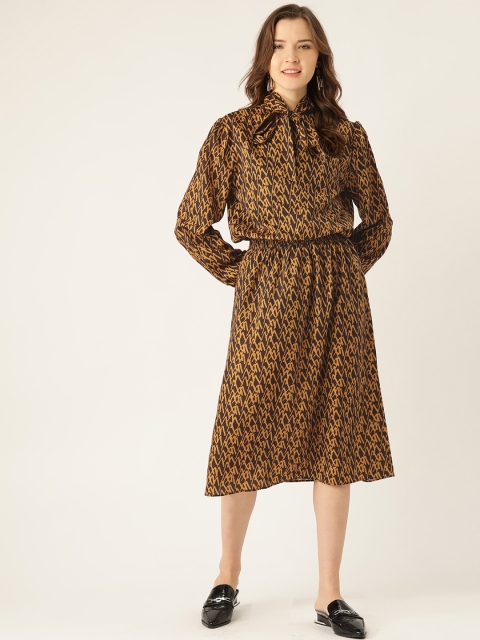

ANVI Be Yourself Women Mustard Brown & Black Printed A-Line Dress With Satin Finish
