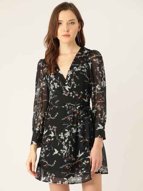 

ANVI Be Yourself Women Black & Grey Floral Printed Wrap Dress