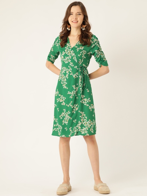

ANVI Be Yourself Women Green &White Floral Printed Wrap Dress