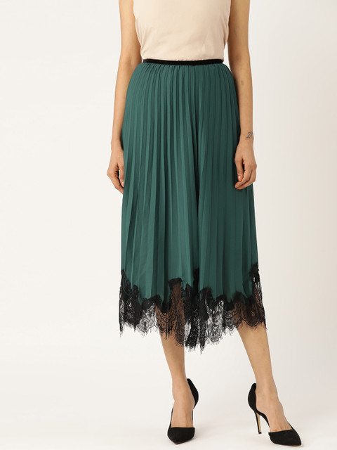 

ANVI Be Yourself Women Green Accordian Pleated Solid A-line Skirt