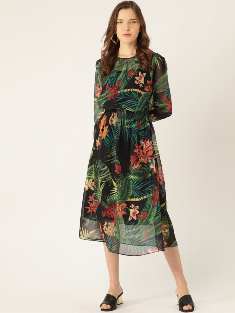 

ANVI Be Yourself Women Black & Green Tropical Print Sheer A-Line Dress