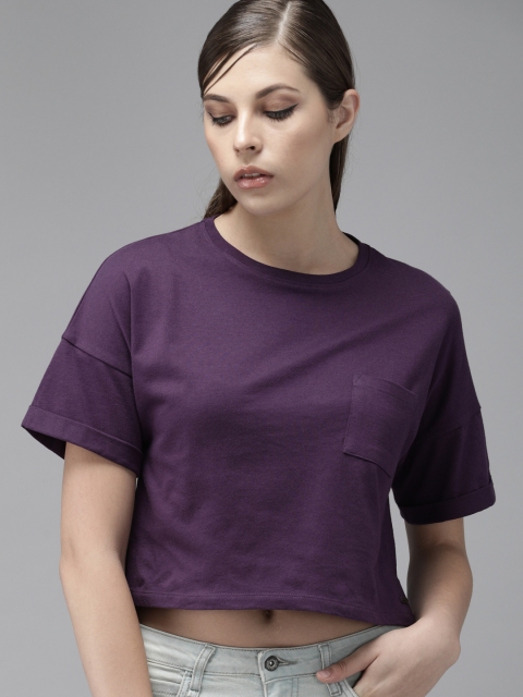 

Roadster Women Aubergine Pure Cotton Solid Round Neck Crop Boxy T-shirt, Purple
