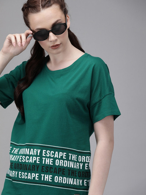 

Roadster Women Green Printed Round Neck T-shirt