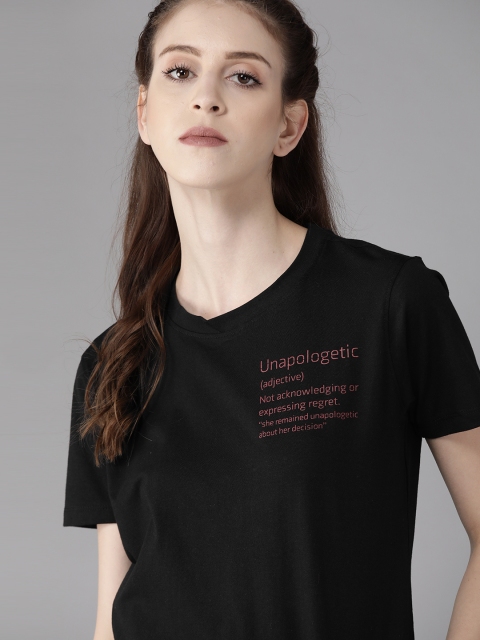 

Roadster Women Black Pink Printed Round Neck Pure Cotton T-shirt