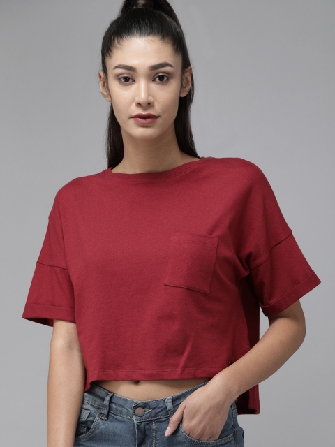 

Roadster Women Maroon Pure Cotton Solid Round Neck Crop Boxy T-shirt