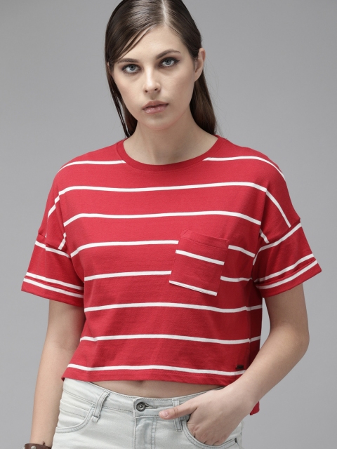 

Roadster Women Red White Pure Cotton Striped Round Neck Crop Boxy Pure Cotton T-shirt