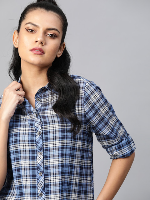 

Roadster Women Blue & White Pure Cotton Checked Casual Shirt
