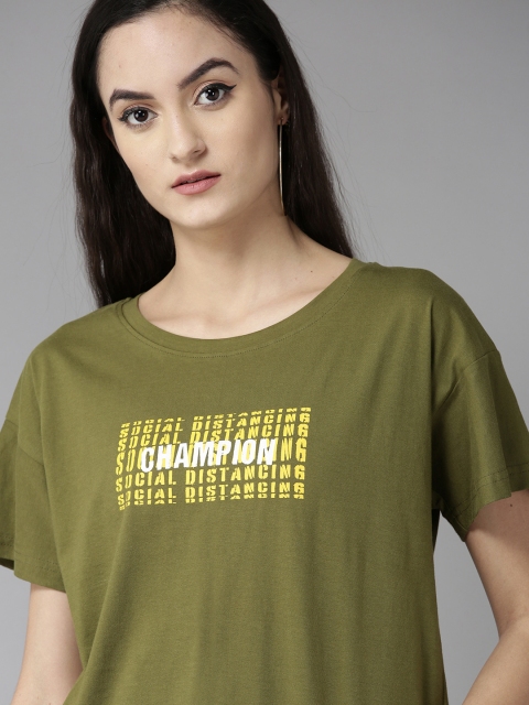 

Roadster Women Olive Green & Yellow Printed Round Neck T-shirt