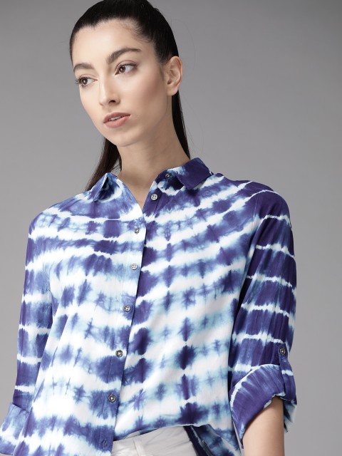 

Roadster Women Navy Blue & White Ecovero Tie And Dye Regular Fit Printed Casual Shirt