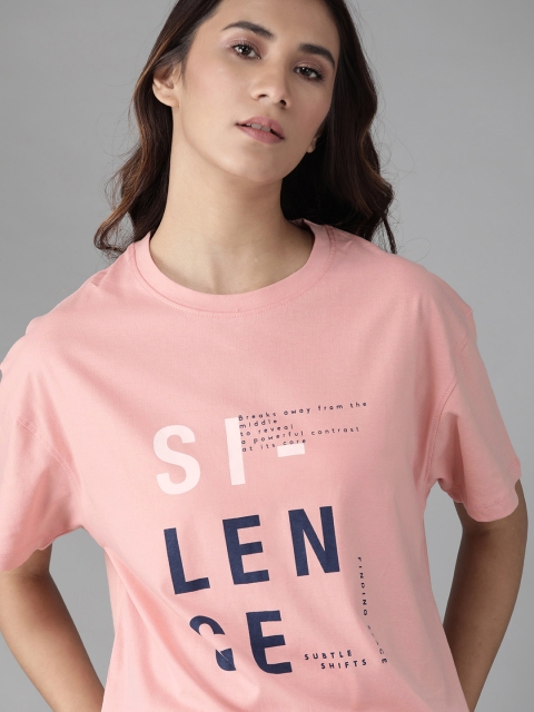 Women Dusty Pink & Navy Blue Printed Round Neck T-shirt