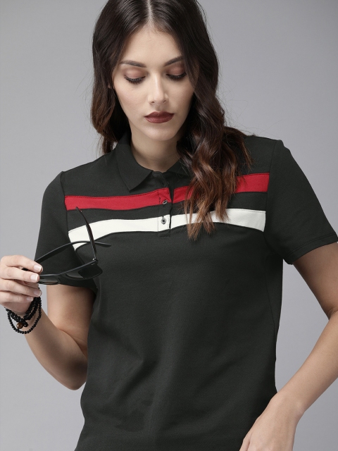 

Roadster Women Black Striped Polo Collar T-shirt