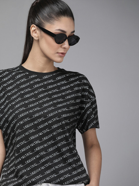 

Roadster Women Black White Printed Round Neck Pure Cotton T-shirt