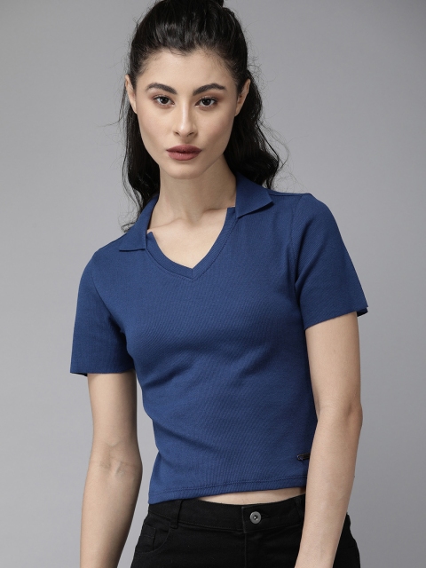 

Roadster Women Navy Blue Solid V-Neck Crop T-shirt