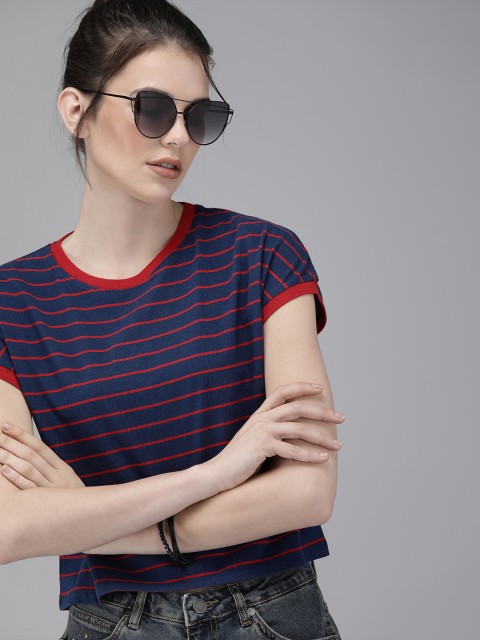 

Roadster Women Navy Blue Red Striped Round Neck Pure Cotton T-shirt