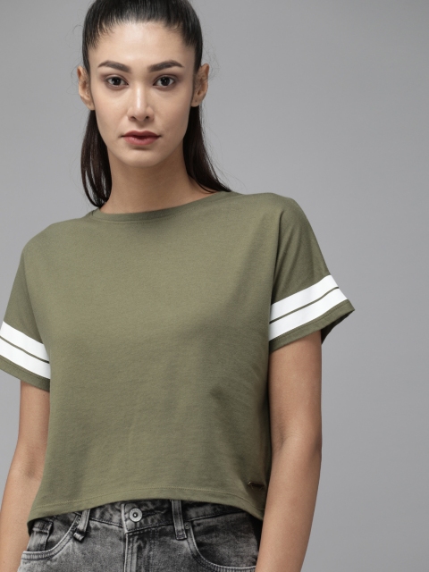 

Roadster Women Olive Green Pure Cotton Solid Round Neck Crop Boxy T-shirt