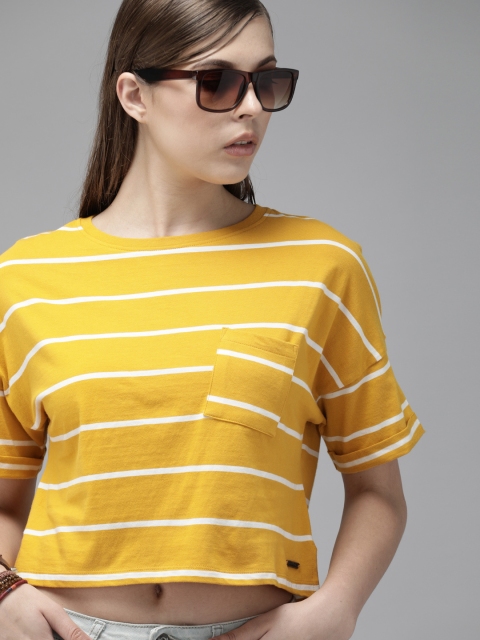 

Roadster Women Mustard Yellow & White Pure Cotton Solid Round Neck Crop Boxy T-shirt