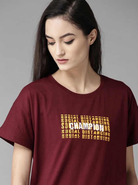 

Roadster Women Maroon & Yellow Printed Round Neck T-shirt