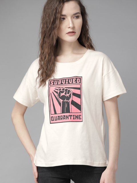 

Roadster Women Off-White & Pink Printed Round Neck T-shirt