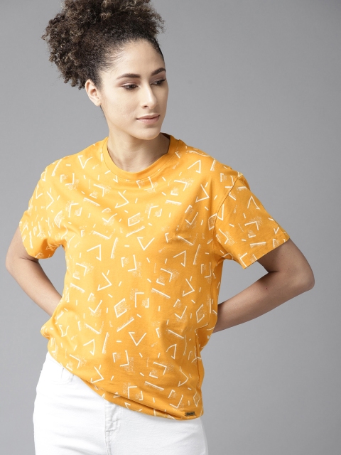 Women Mustard Yellow & White Printed Round Neck T-shirt