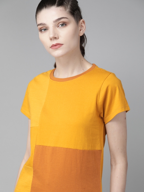 

Roadster Women Yellow Colourblocked Panelled Pure Cotton Round Neck T-shirt