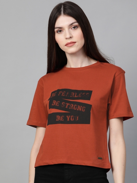 

Roadster Women Rust Red & Black Printed Round Neck T-shirt