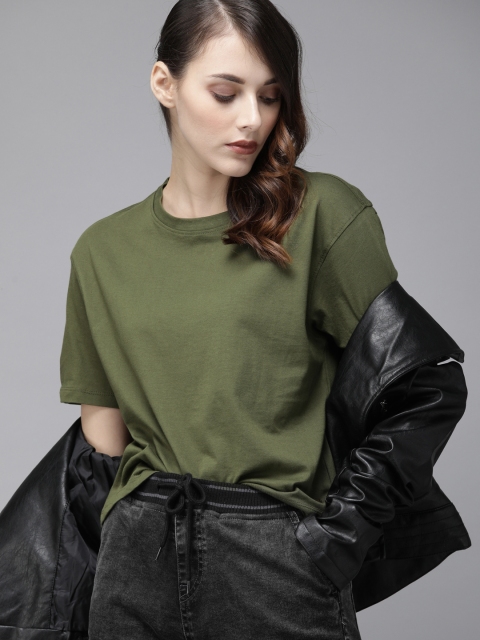 

Roadster Women Olive Green Solid Round Neck Pure Cotton T-shirt