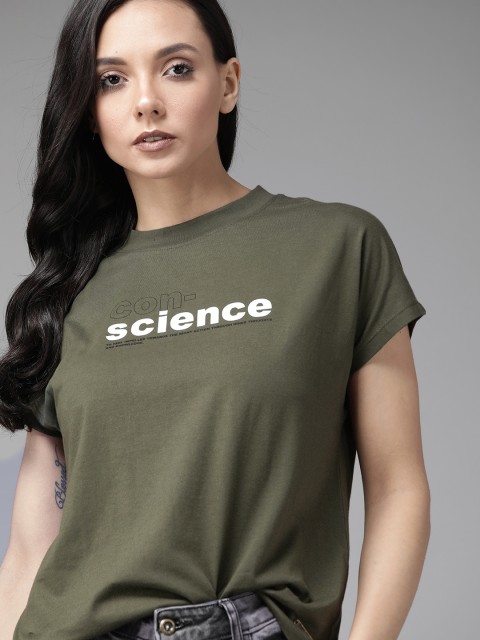 

Roadster Women Olive Green Printed Round Neck T-shirt