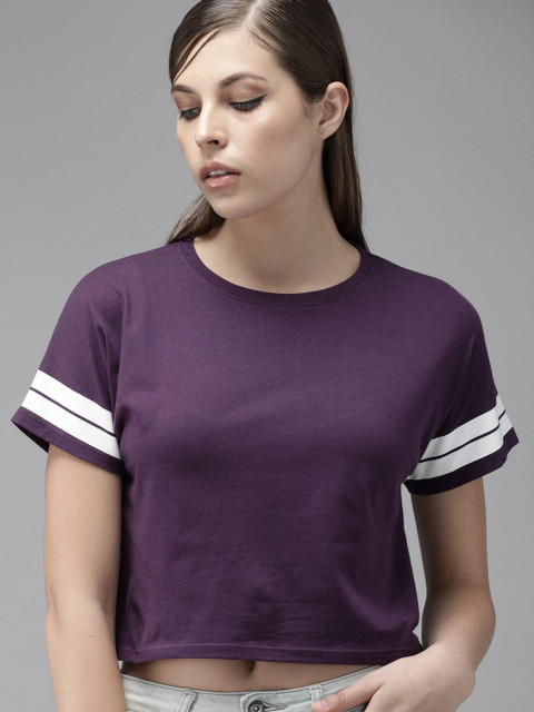 

Roadster Women Aubergine Pure Cotton Solid Round Neck Crop Boxy T-shirt, Purple