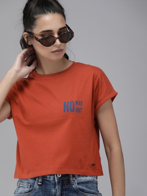

Roadster Women Red Printed Round Neck Pure Cotton T-shirt