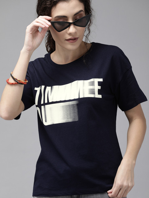 

Roadster Women Black Printed Round Neck T-shirt