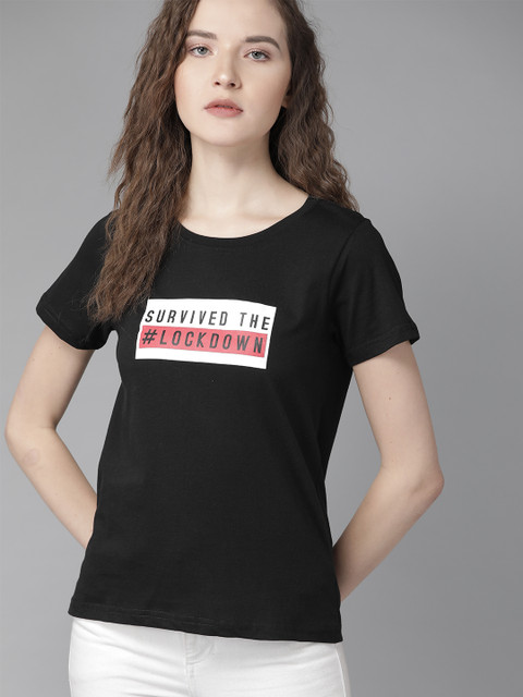 

Roadster Women Black & White Printed Round Neck T-shirt