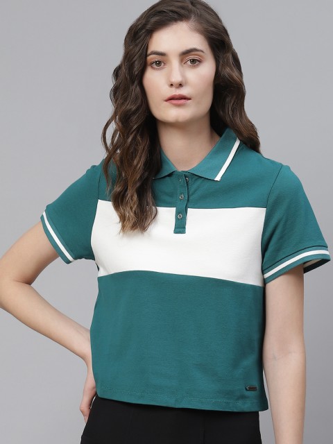 

Roadster Women Teal Blue & White Colourblocked Polo Collar T-shirt