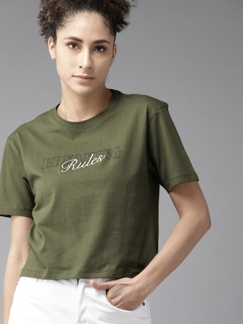 

Roadster Women Olive Green Printed Round Neck T-shirt