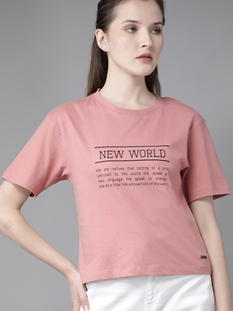 

Roadster Women Dusty Pink & Black Printed Round Neck T-shirt