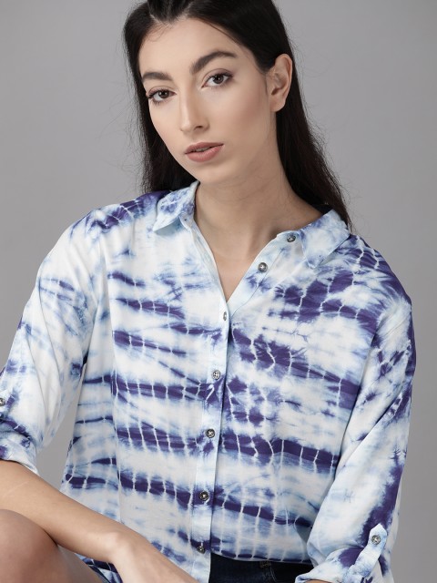 

Roadster Women White & Blue EcoVero Regular Fit Tie & Dye Casual Shirt