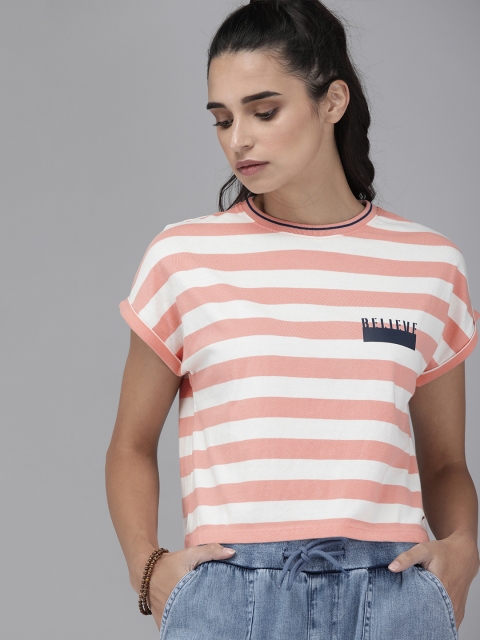 

Roadster Women Pink & White Striped Round Neck T-shirt