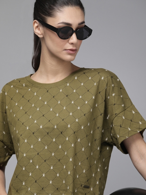 

Roadster Women Olive Green & Black Printed Round Neck Cropped T-shirt