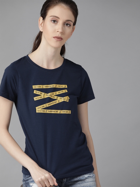 

Roadster Women Navy Blue & Mustard Yellow Printed Round Neck T-shirt
