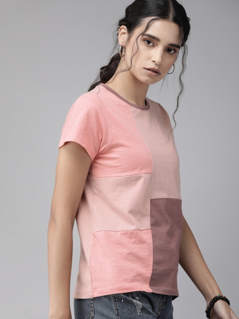 

Roadster Women Pink Colourblocked Round Neck Pure Cotton T-shirt