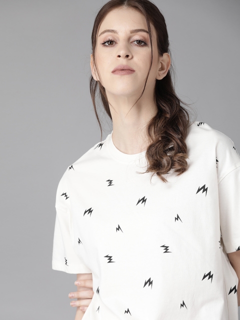 

Roadster Women White & Black Printed Round Neck T-shirt