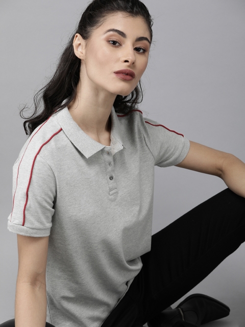 

Roadster Women Grey Melange Solid Polo Collar Crop T-shirt