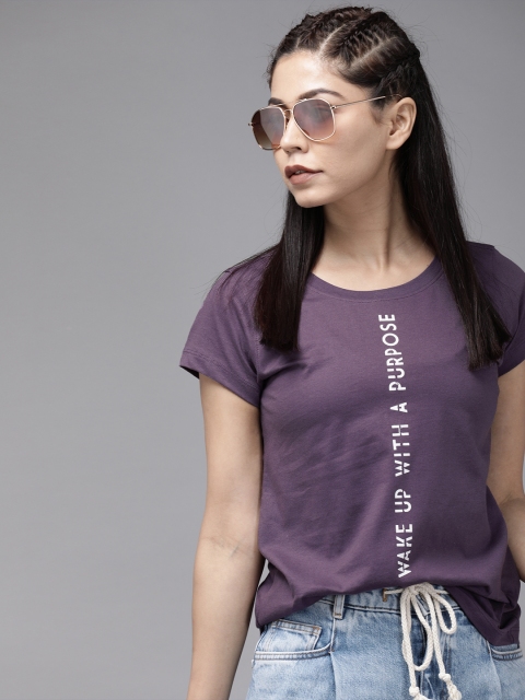

Roadster Women Purple Printed Round Neck Pure Cotton T-shirt